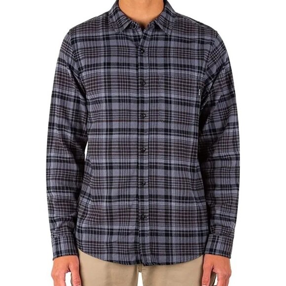 Mens Hurley Portland Organic Long Sleeve Flannel Button-Up Large Grey Smoke NWT - Picture 1 of 5